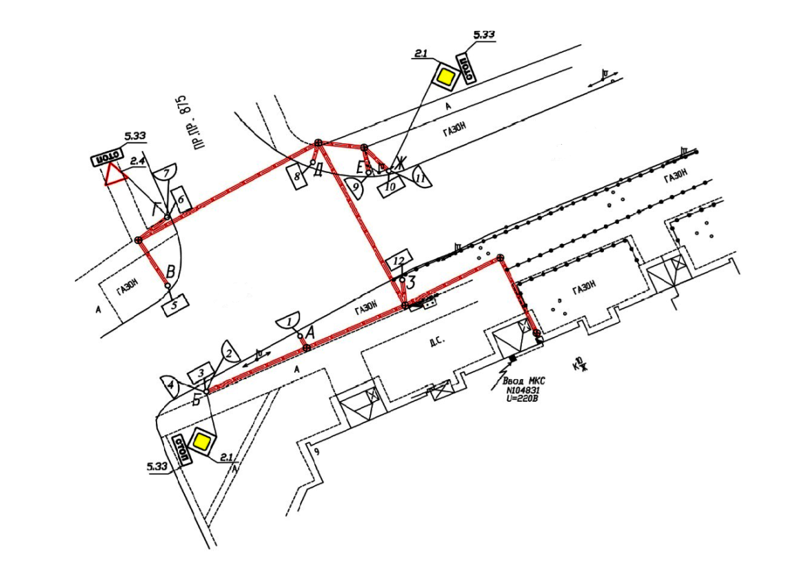 Рисунок А.1 – Пример устройства светофорного объекта и расположения кабелей для подключения его оборудования